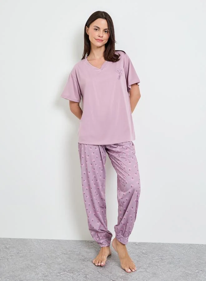 Styli Purple V Neck Drop Shoulder T-Shirt and Cuffed Pyjama Set