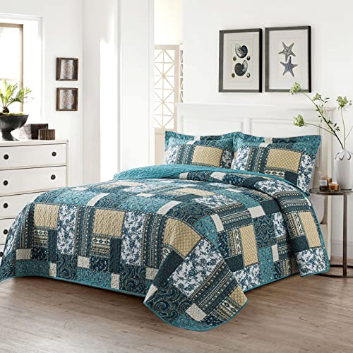 VAPUTAR Quilts King Size - Soft King Quilt Bedding Set with Floral Pattren - 3 Pieces Patchwork Cotton King Bedspreads Set for Farmhouse Bedroom (Dream Blue) - Image 2