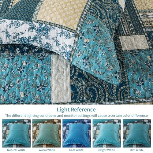 VAPUTAR Quilts King Size - Soft King Quilt Bedding Set with Floral Pattren - 3 Pieces Patchwork Cotton King Bedspreads Set for Farmhouse Bedroom (Dream Blue) - Image 5