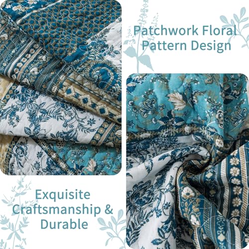 VAPUTAR Quilts King Size - Soft King Quilt Bedding Set with Floral Pattren - 3 Pieces Patchwork Cotton King Bedspreads Set for Farmhouse Bedroom (Dream Blue) - Image 4