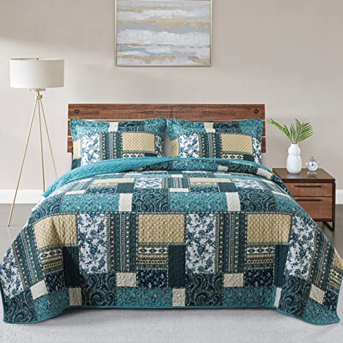 VAPUTAR Quilts King Size - Soft King Quilt Bedding Set with Floral Pattren - 3 Pieces Patchwork Cotton King Bedspreads Set for Farmhouse Bedroom (Dream Blue) - Image 1