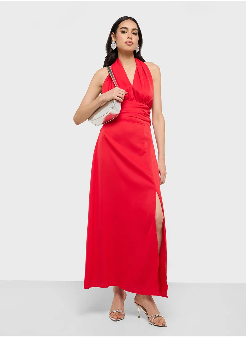 جينجر Halterneck Slit Dress