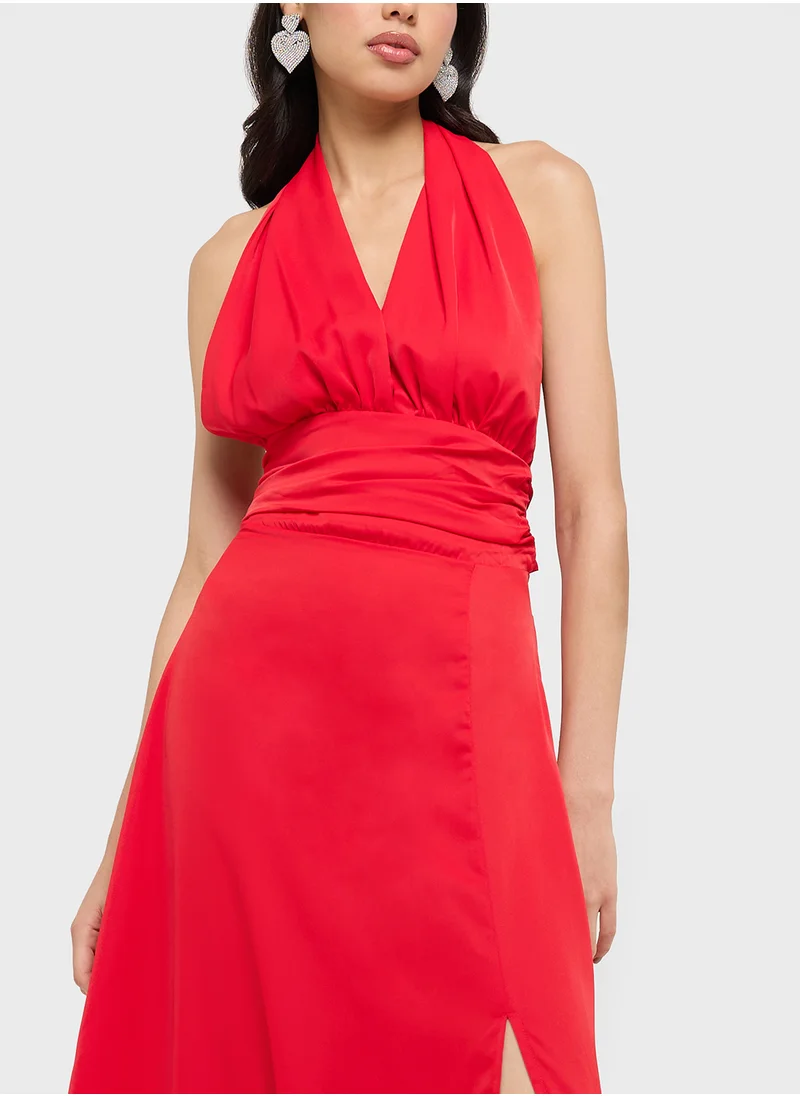 جينجر Halterneck Slit Dress