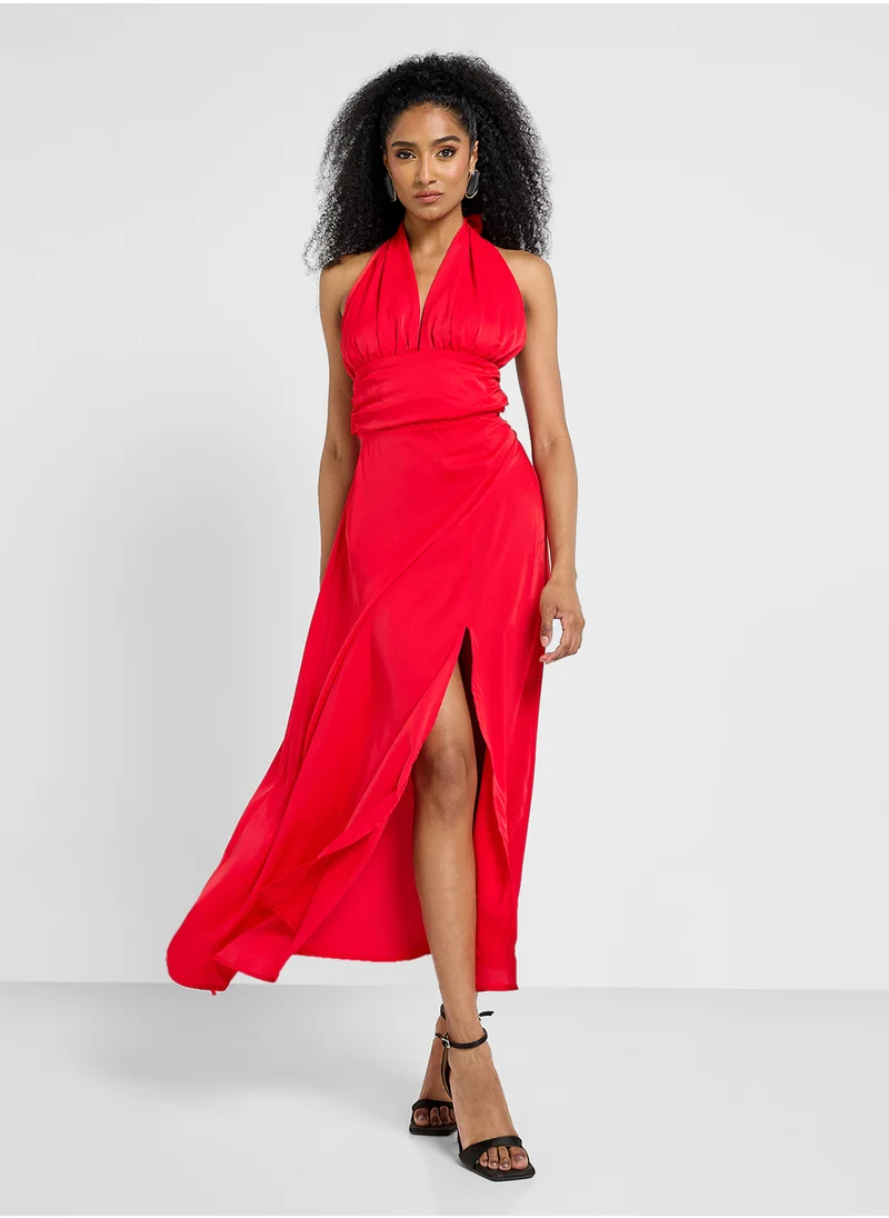 جينجر Halter Neck Satin Dress With Slit