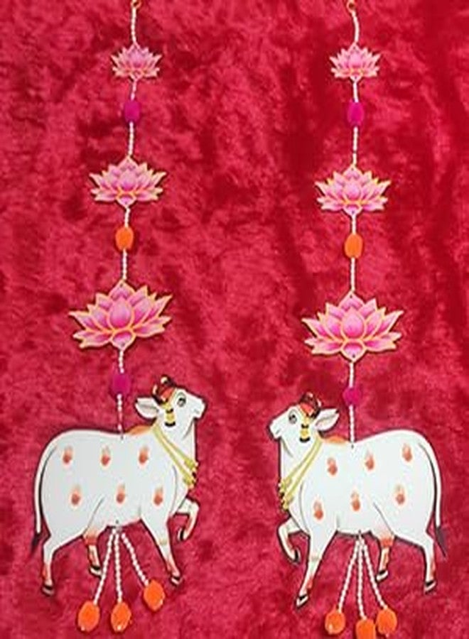 Adikala Pichwai Cow Lotus with Pearl Beads & Haning Rings MDF Cutout for Door/Wall Decor Hanging DIY Craft Kit | Temple/Mandir, Diwali, Dussehra, Rangoli, Pooja Decoration (1, Pink Lotus with Cow)