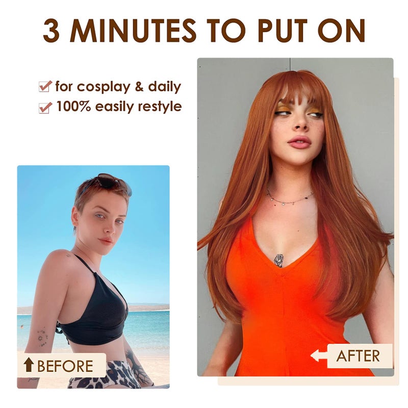 ENTRANCED STYLES Auburn Wigs for Women Long Straight Wig with Bangs Reddish Brown Wig Colored Cosplay Wig Heat Resistant Synthetic Copper Red Wig for Daily Party Use 22 Inch - Image 3