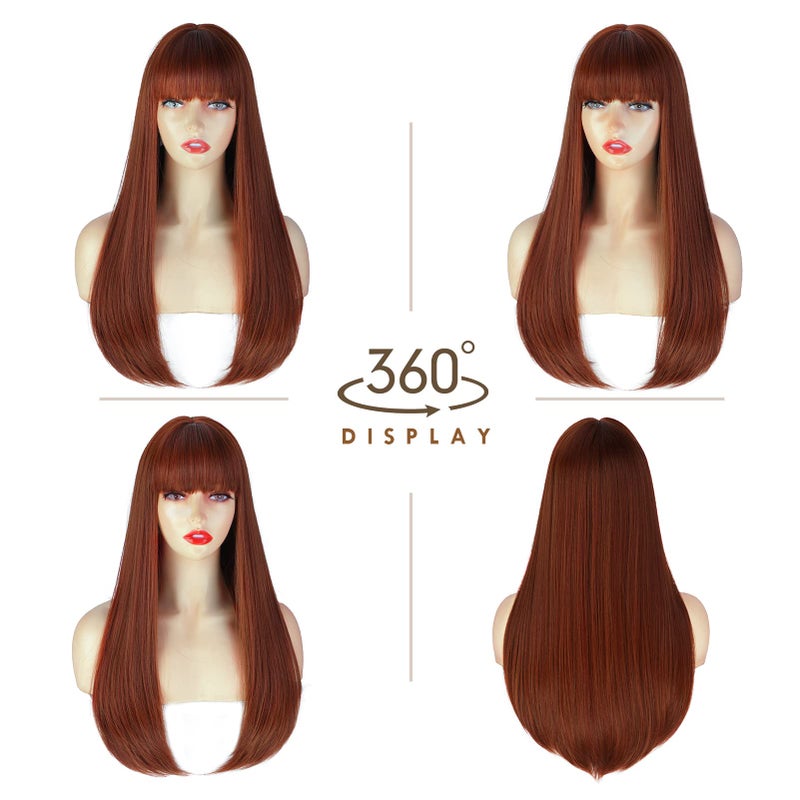 ENTRANCED STYLES Auburn Wigs for Women Long Straight Wig with Bangs Reddish Brown Wig Colored Cosplay Wig Heat Resistant Synthetic Copper Red Wig for Daily Party Use 22 Inch - Image 2
