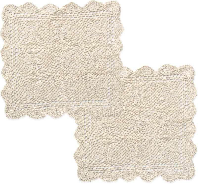 kilofly كيلوفلاي مفارش طاولة مصنوعة يدويًا من قطن الكروشيه بتصميم دانتيل 2 قطعة مربع بيج 196 بوصة - Image 1