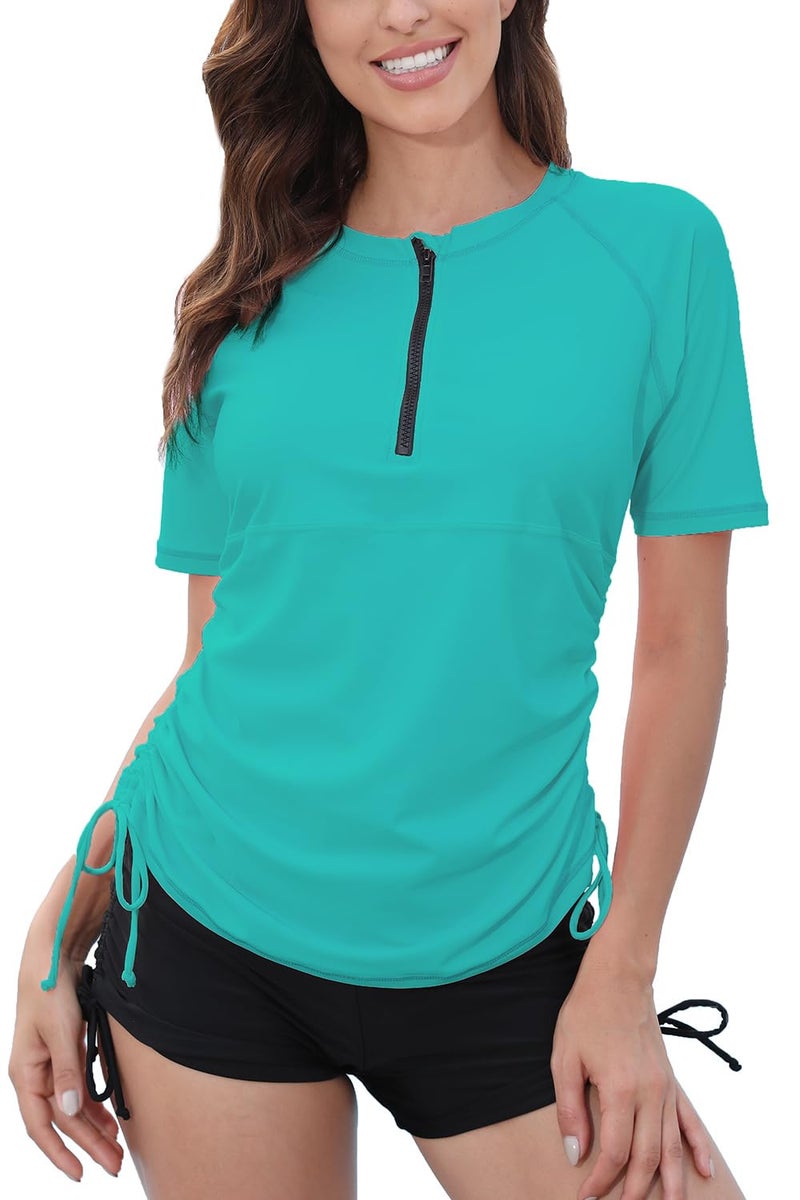Halcurt Women's Half Zip Short Sleeve Rash Guard Swimsuit Top Ruched Swim Shirt UPF50+ Quick Dry Bathing Suit Turquoise 2XL - Image 1