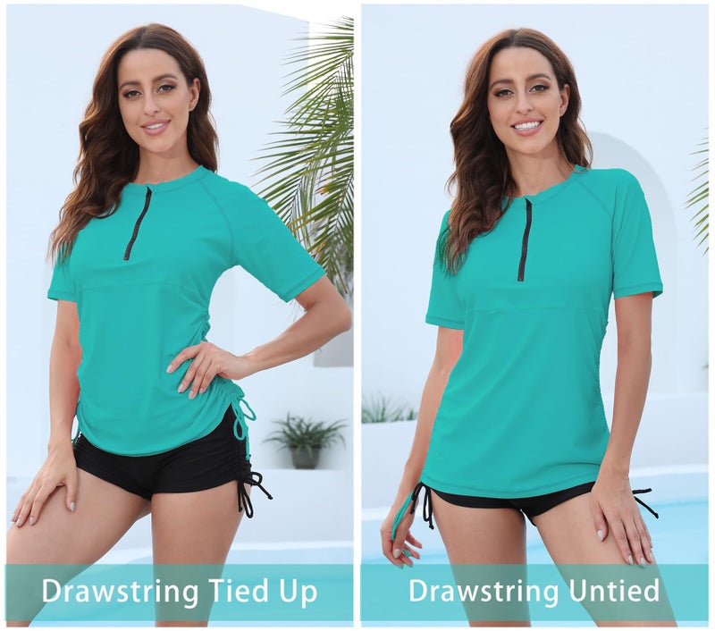 Halcurt Women's Half Zip Short Sleeve Rash Guard Swimsuit Top Ruched Swim Shirt UPF50+ Quick Dry Bathing Suit Turquoise 2XL - Image 2