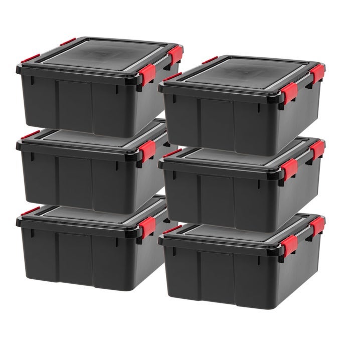 USA WEATHERPRO 31 QT STORAGE BINS WITH LIDS 6 PACK BPAFREE PLASTIC GASKET BOX WITH TIGHT LATCH AND SEAL STACKABLE NESTABLE TOTE TUB BLACKRED