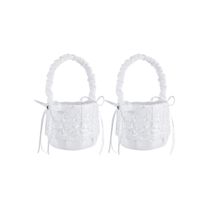 SOLARAE 2 Pack White Flower Girl Basket Wedding Basket for Flower Girls  Satin Flower Girl Basket - Image 1