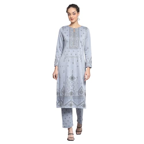Monte Carlo Womens Regular Fit Self Designed Round Neck Full Sleeve Winter Kurti Set |Stylish Woolen Ethnic Wear for Ladies | Traditional Outfit for Women (Pack Of 1) - Image 1