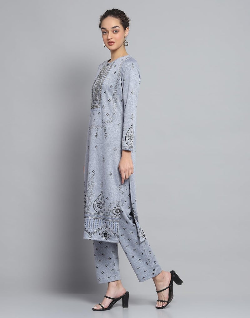 Monte Carlo Womens Regular Fit Self Designed Round Neck Full Sleeve Winter Kurti Set |Stylish Woolen Ethnic Wear for Ladies | Traditional Outfit for Women (Pack Of 1) - Image 2