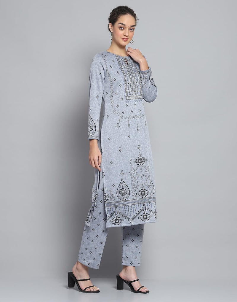 Monte Carlo Womens Regular Fit Self Designed Round Neck Full Sleeve Winter Kurti Set |Stylish Woolen Ethnic Wear for Ladies | Traditional Outfit for Women (Pack Of 1) - Image 3