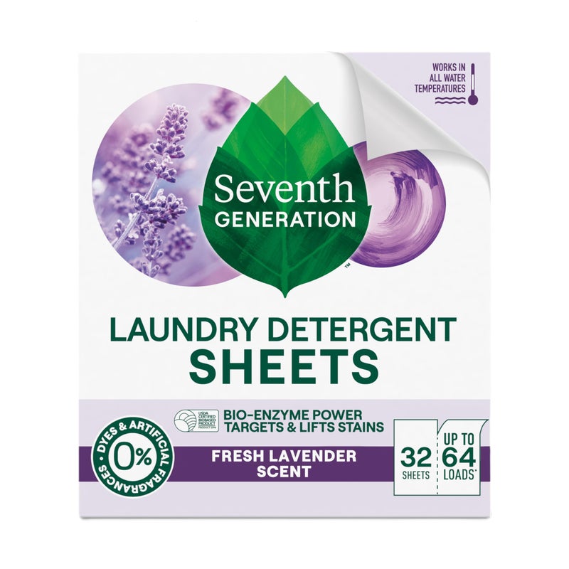 Seventh Generation Laundry Detergent Sheets, Up to 64 Loads, Fresh Lavender Scent, Removes Tough Stains, 0% Dyes and Artificial Fragrances, Safer for Your Family