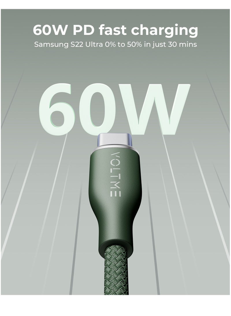VOLTME USB-A to USB-C Charging Cable 60W PD & 3A Fast Charging, 1m (3.3ft), Nylon Braided, Compatible with iPhone 16/15 Pro Max, Galaxy S24/S23/S22, Pixel 8/7, iPad Air 5, iPad Pro 2021, Nintendo Switch, PS5, Xiaomi, OnePlus, Huawei, Chromebook, Heat Resistant, 480Mbps Data Sync (Green)  - Image 2