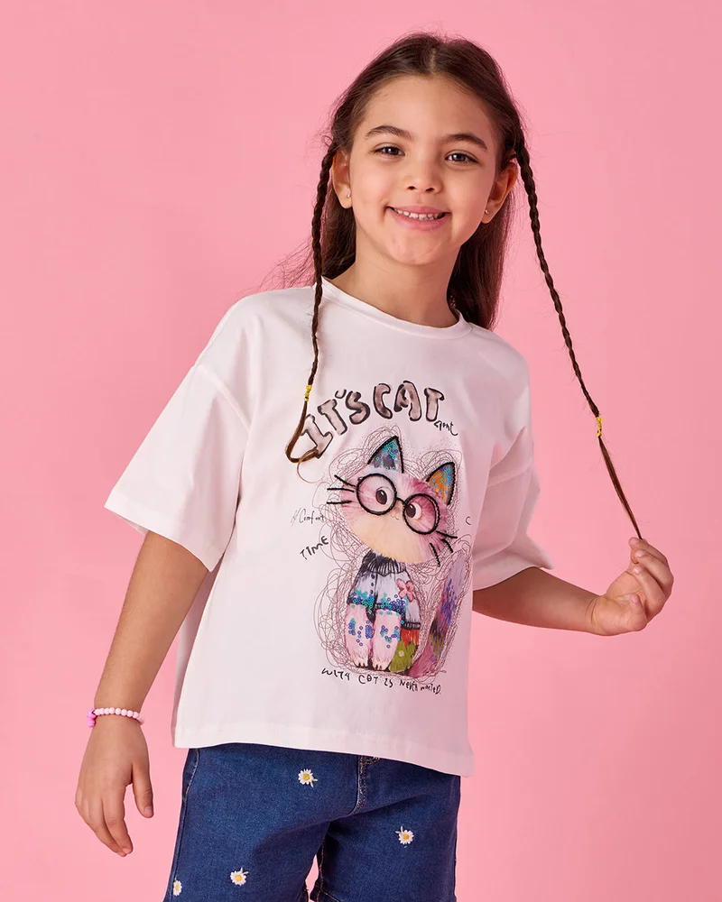 Redtag Girls Ivory Cat Printed T-Shirt