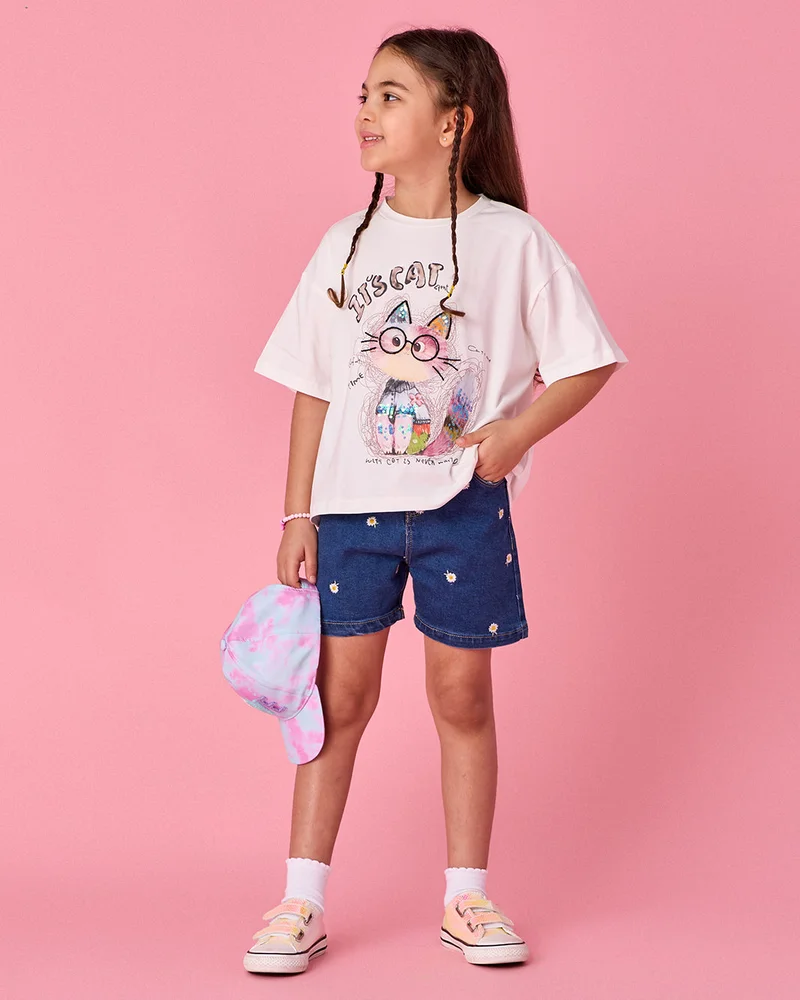 Redtag Girls Ivory Cat Printed T-Shirt