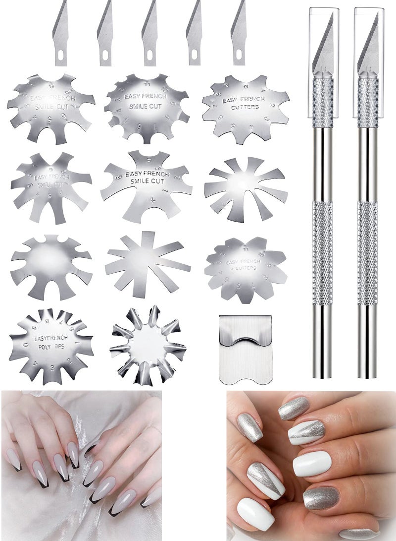 Excefore 12 Pieces French Nail Trimmer, Stainless Steel French Tip Cutters, Smile Line Cutter Edge Manicure DIY Plate Module with 2 Handles French Tip Cutting Knife and 5 Spare Blade for Acrylic Nail - Image 1
