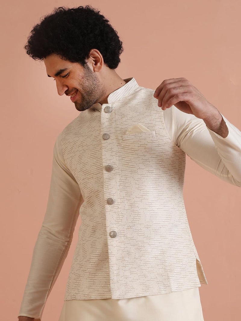 KISAH Men's Nehru Jacket, Off white Cotton Blend, Embellished Regular Fit Mandarin Collar Sleeveless (L) - Image 2