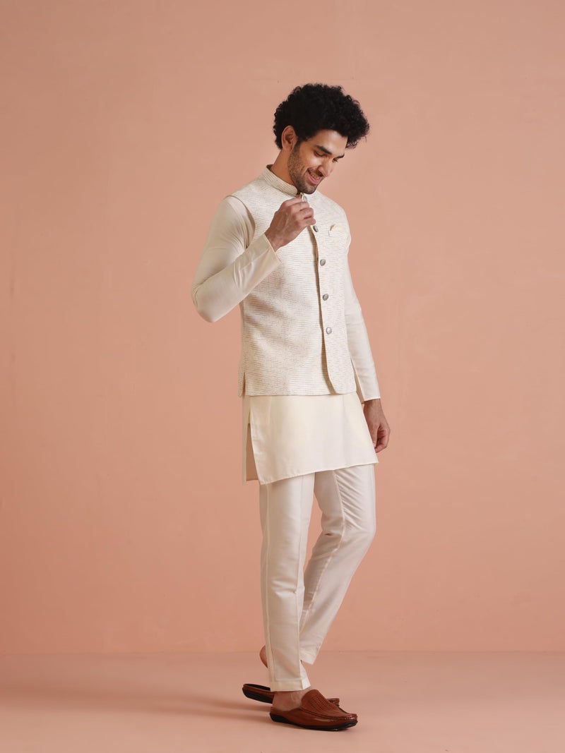 KISAH Men's Nehru Jacket, Off white Cotton Blend, Embellished Regular Fit Mandarin Collar Sleeveless (L) - Image 3