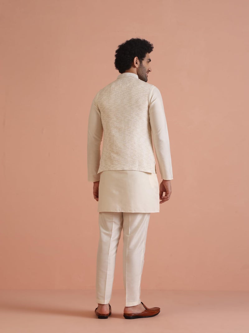 KISAH Men's Nehru Jacket, Off white Cotton Blend, Embellished Regular Fit Mandarin Collar Sleeveless (L) - Image 5