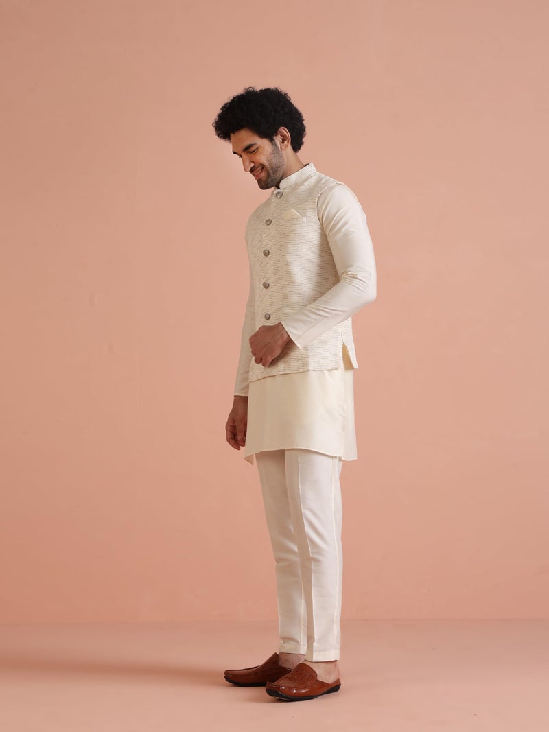 KISAH Men's Nehru Jacket, Off white Cotton Blend, Embellished Regular Fit Mandarin Collar Sleeveless (L) - Image 4
