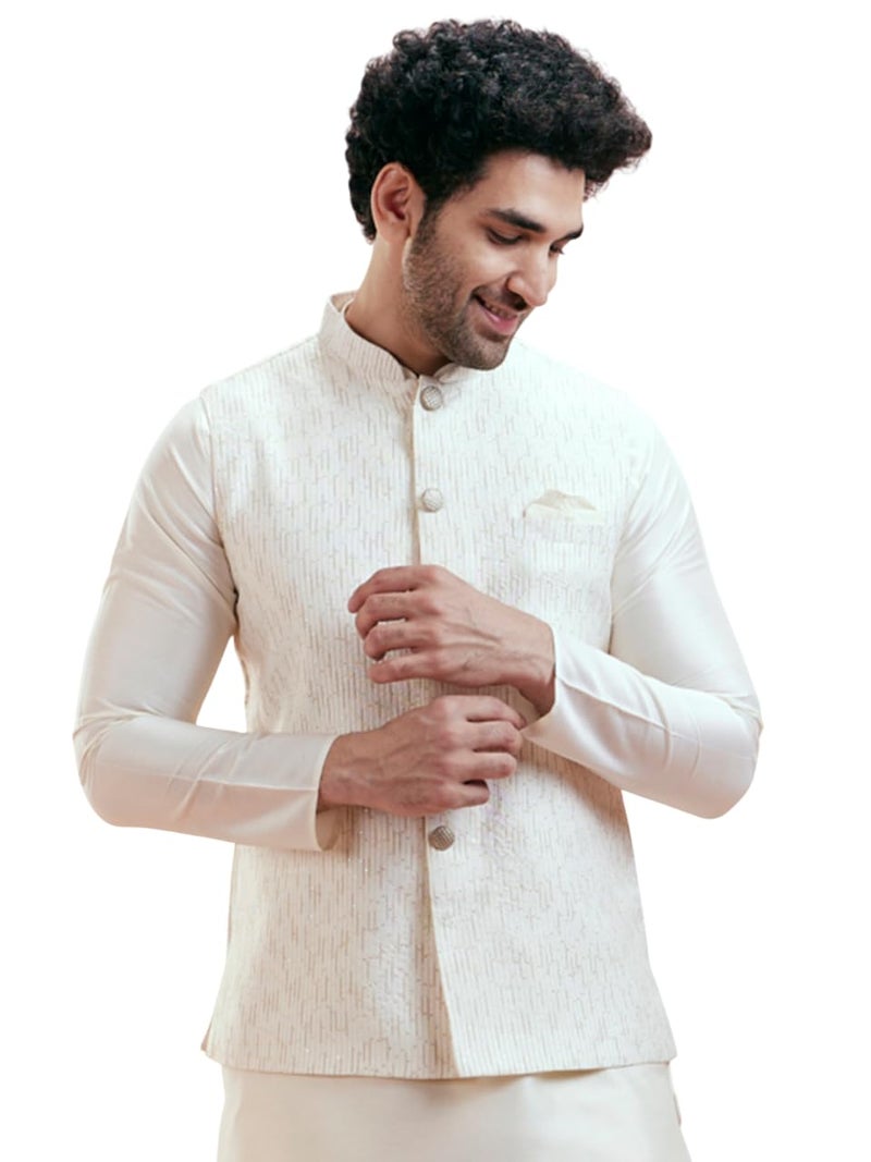 KISAH Men's Nehru Jacket, Off white Cotton Blend, Embellished Regular Fit Mandarin Collar Sleeveless (L) - Image 1