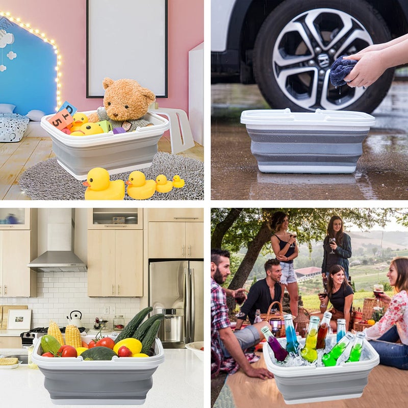 AUTODECO 2 عبوة حوض قابل للطي مع مقبض منشفة، 2.37 جالون / 9 لتر حوض غسيل قابل للطي لغسل الأطباق، التخييم، المشي و المنزل رمادي - Image 2