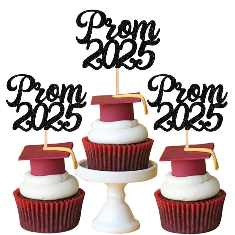 RSSTARXI 24 Pack Prom 2025 Cupcake Toppers Glitter Prom Graduation Food/Apetizer Cupcake يختار الديكور لفئة 2025 كلية التخرج حفلة موسيقية للحفلات. - Image 1