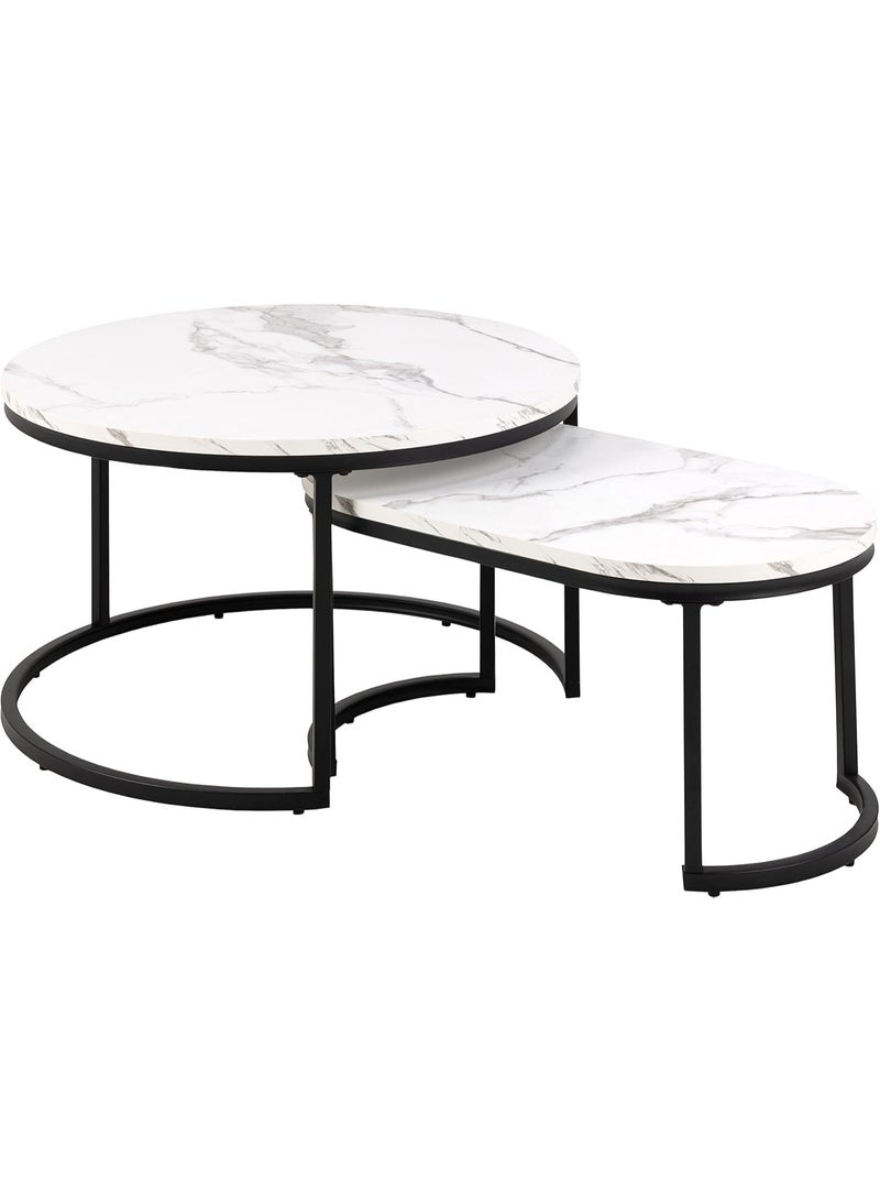 DubaiGallery 2 Pieces Luxurious Round-Oval Shaped Nesting Coffee Table with White Marble Faux Glass Top and Gold Metal Frame Legs - Nordic Minimalist Accent Stylish Modern Center Space Saving Table for Small Apartments, Living Room, Hall, Balcony, Office, Hotel, Spa and Salon Lounge and Reception Areas, Easy to Assemble Home Decorative Stackable Furniture - Image 1
