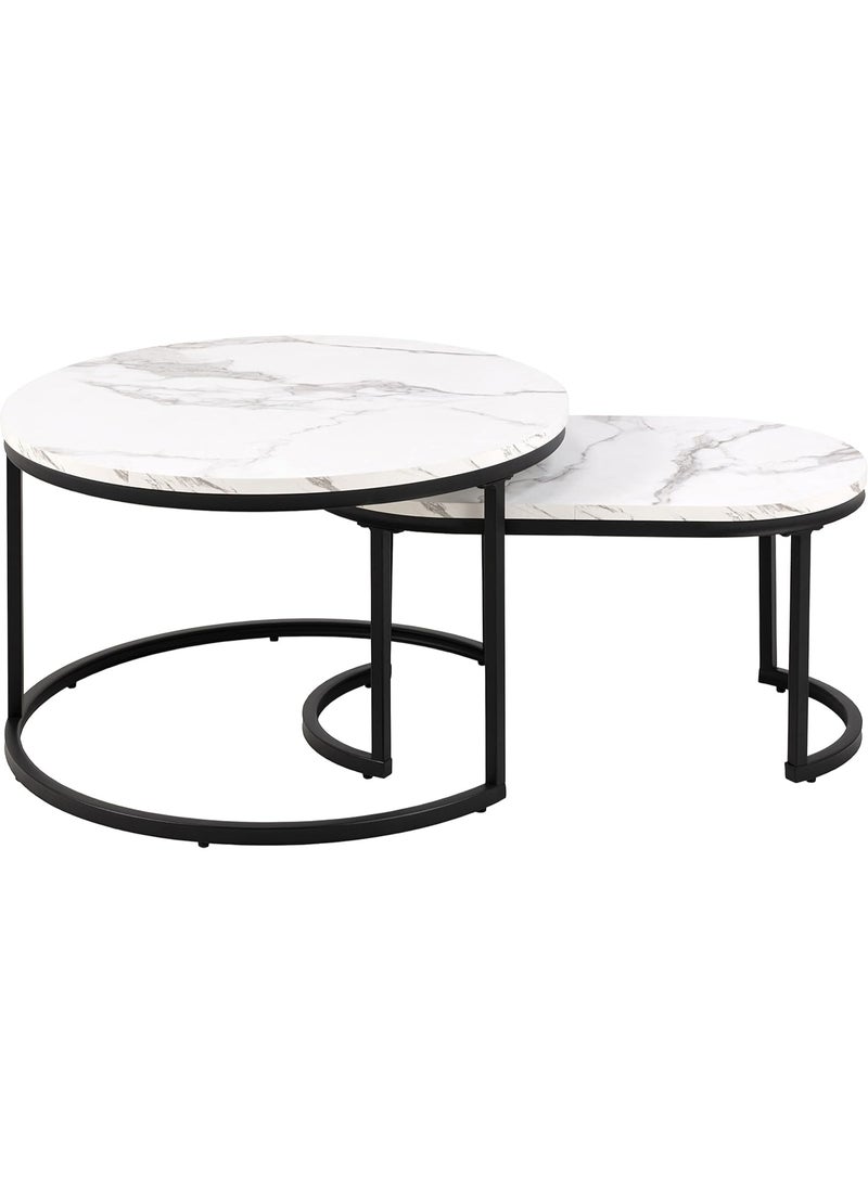 DubaiGallery 2 Pieces Luxurious Round-Oval Shaped Nesting Coffee Table with White Marble Faux Glass Top and Gold Metal Frame Legs - Nordic Minimalist Accent Stylish Modern Center Space Saving Table for Small Apartments, Living Room, Hall, Balcony, Office, Hotel, Spa and Salon Lounge and Reception Areas, Easy to Assemble Home Decorative Stackable Furniture - Image 2