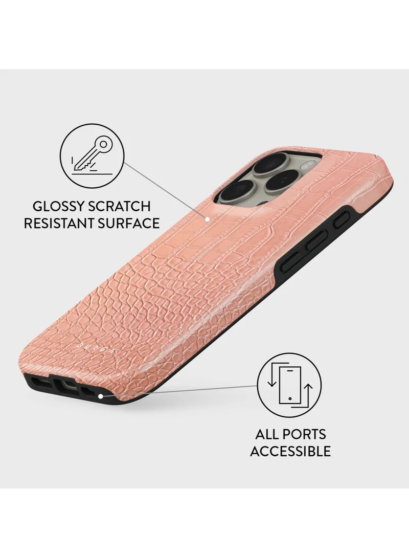 Burga  iPhone 16 pro Case, 2 Piece Hard Shell + TPU Silicone Interior, Shock Absorption, All Port Accessible, Raised Bezel For Screen & Camera Protection, Never Fading HQ Print,Pink Croco  | Best Price UAE