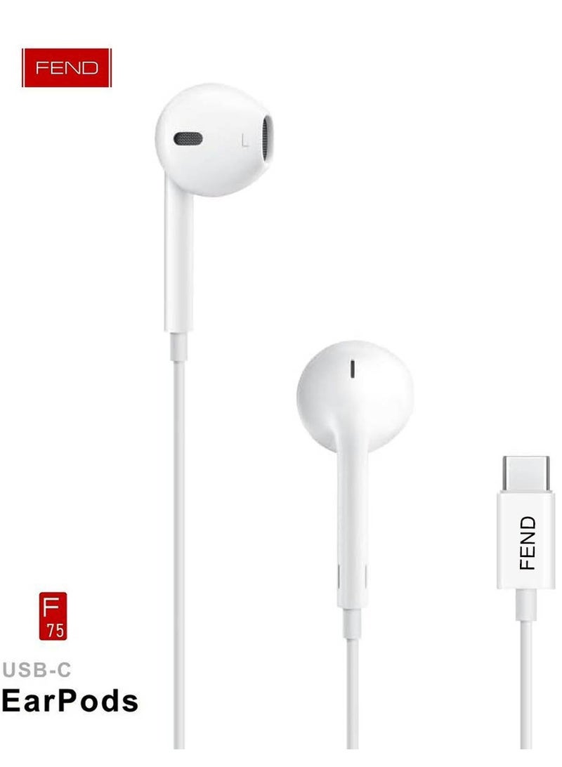 Fend F75 USB C Earpods With High Quality Audio Output Inline Remote and Microphone Compatible With Apple iPhone 16 16 Plus 16 Pro 16 Pro Max - Image 1