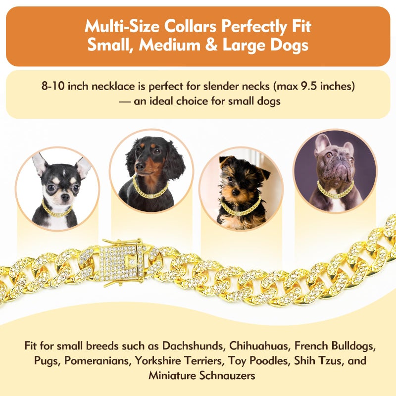 TVTOO Small Dog Collar Gold Cuban Link - Bling Crystal Diamond Necklace for Puppies, Bling Dog Collars for Small Breeds, Fashion Pet Jewelry Dog Chain Collars (8 inch) - Image 4