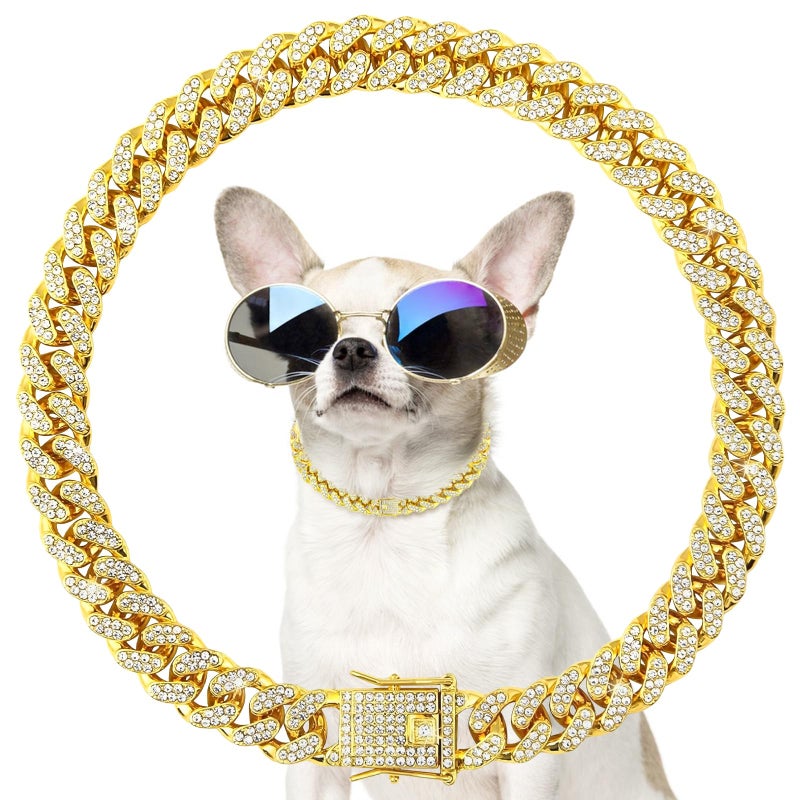 TVTOO Small Dog Collar Gold Cuban Link - Bling Crystal Diamond Necklace for Puppies, Bling Dog Collars for Small Breeds, Fashion Pet Jewelry Dog Chain Collars (8 inch) - Image 1