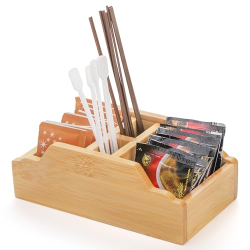 Dicunoy 2 Pack Small Sugar Packets Holder, Bamboo Tea Bag Organizer, 4 Sectionals Tabletop Organizer Caddy for Honey Sticks, Stir Sticks, Sweetener, Coffee Stirrers, Church Kitchen, Countertop - Image 3
