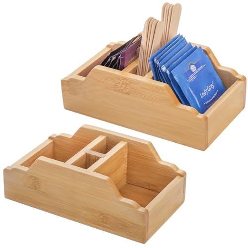 Dicunoy 2 Pack Small Sugar Packets Holder, Bamboo Tea Bag Organizer, 4 Sectionals Tabletop Organizer Caddy for Honey Sticks, Stir Sticks, Sweetener, Coffee Stirrers, Church Kitchen, Countertop - Image 1