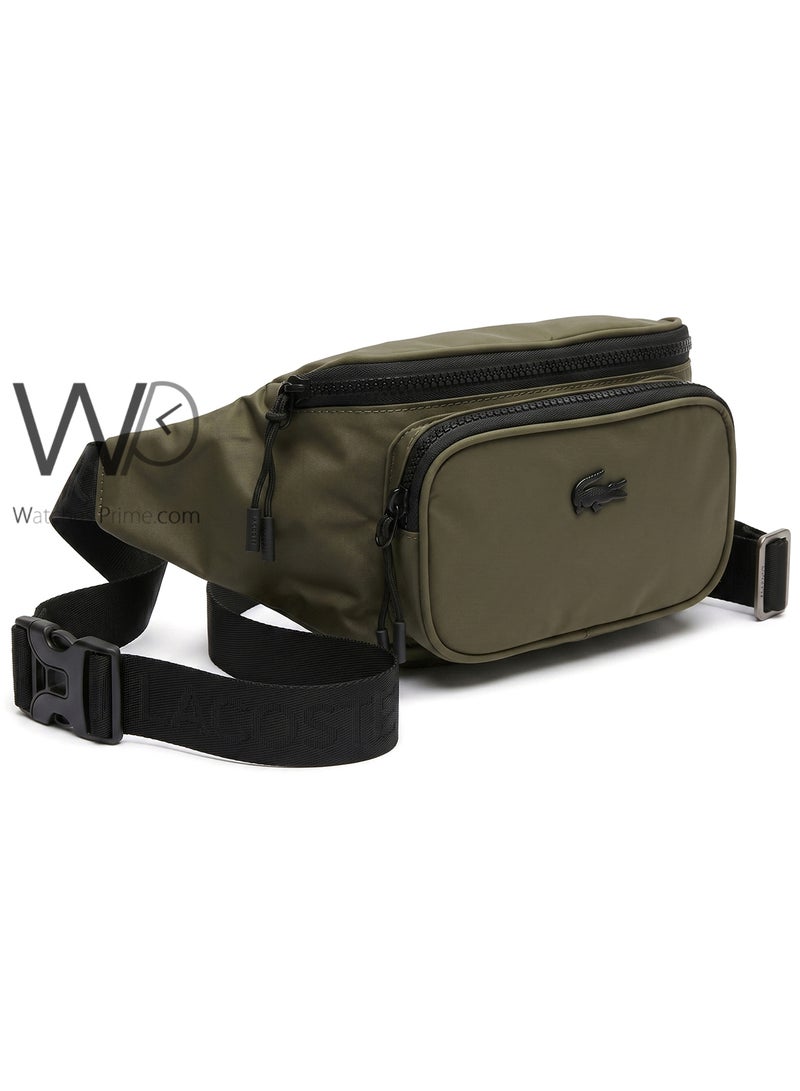 Lacoste Men's Olive Green Triple Zipper Nylon Waist Bag