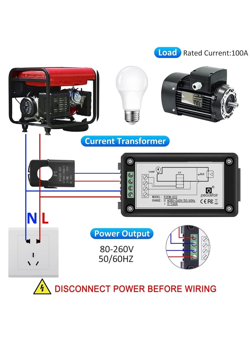 Cobest AC Power Meter, 80-260V 100A Voltage Current Color LCD Display Panel, Current Voltage Amperage Energy Meter Monitor, Digital Ammeter Voltmeter with Split Core Current Transformer CT, AC 100A Meter - Image 5