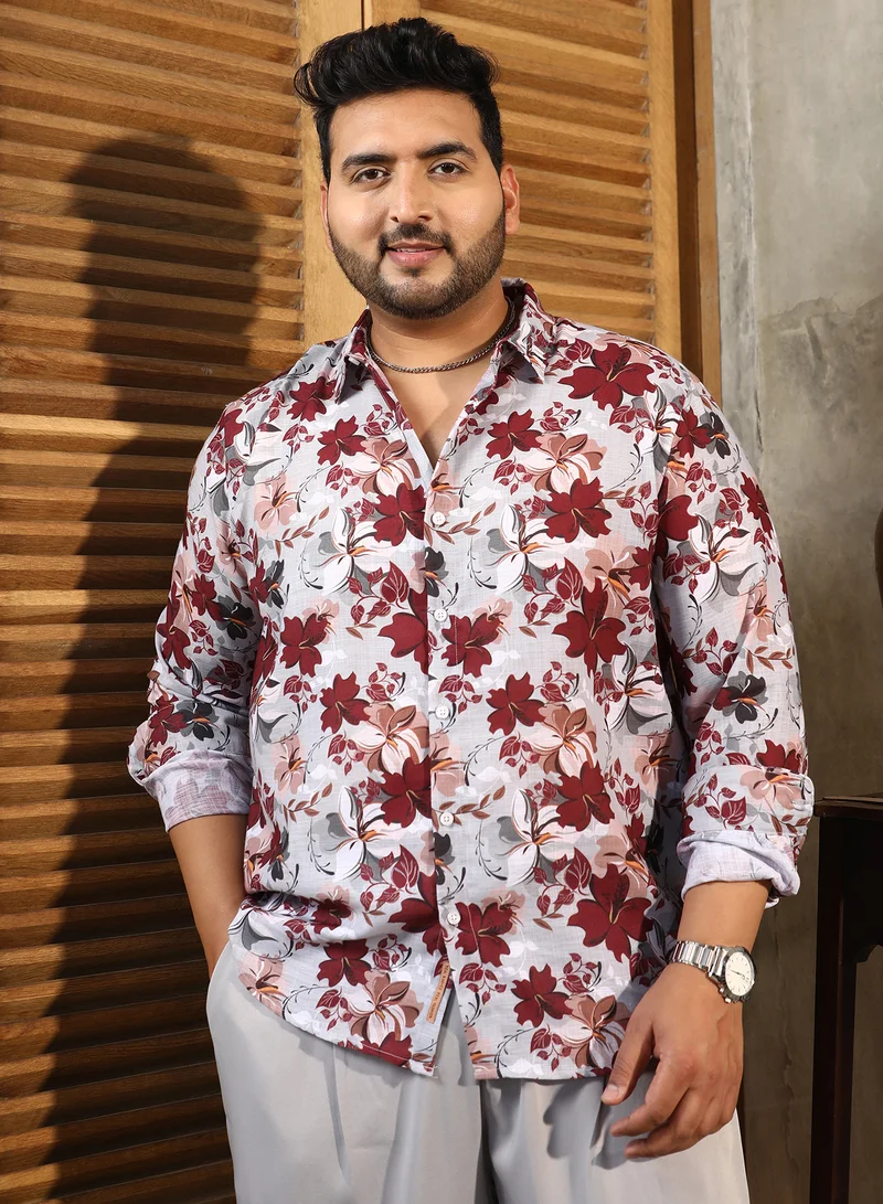 Instafab Plus Instafab Plus Men's Crimson Red Hibicus Imprint Shirt For Casual Wear | Spread Collar | Long Cuffed Sleeves | Button Closure | Plus Size Shirt Crafted With Comfort Fit For Everyday Wear