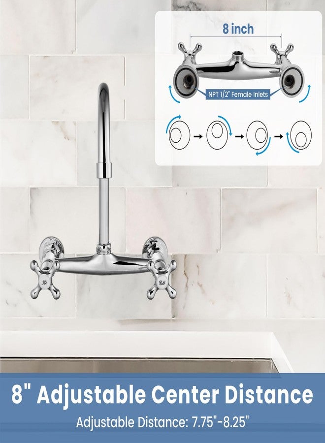 Airuida Chrome Polish Wall Mounted Kitchen Sink Faucet Wall Mounted Commercial Kitchen Faucet Wall Mount 8 Inches Center Faucet, 360 Degree Swivel Spout Mixer Laundry Restaurat Tap with Female Thread - Image 5