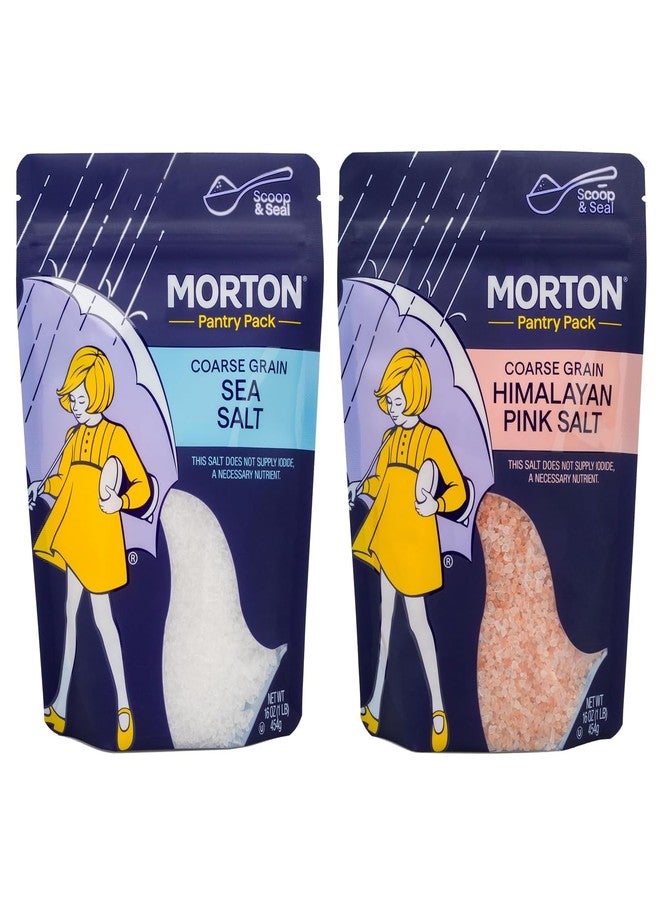 Morton Coarse Himalayan Pink Salt & Sea Salt Resealable Pouch Bundle, 2-pack, 16oz Coarse Himalayan Pink Salt & 16oz Coarse Sea Salt
