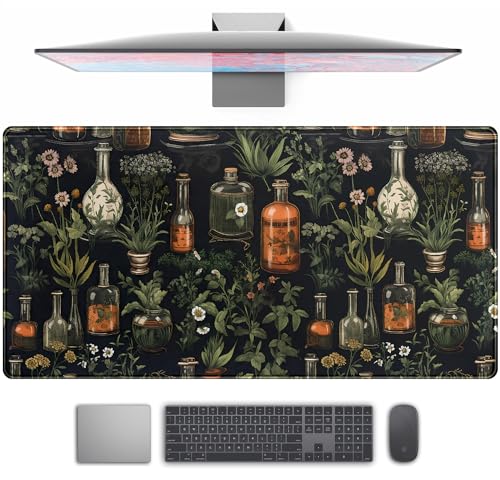 TENG DA QING Black Aesthetics Desk Mat Mouse Pad Large Gaming Mouse Pad Desk Pad Mousepad Mystical Green Plant Computer Laptop Keyboard and Mouse Mat Desktop Protector Mat for Women Girl Office 315x158 in - Image 1