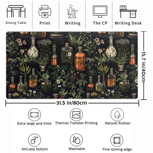 TENG DA QING Black Aesthetics Desk Mat Mouse Pad Large Gaming Mouse Pad Desk Pad Mousepad Mystical Green Plant Computer Laptop Keyboard and Mouse Mat Desktop Protector Mat for Women Girl Office 315x158 in - Image 3