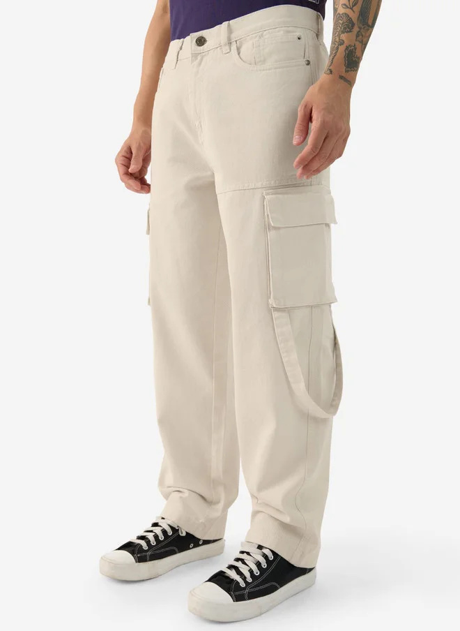 The Souled Store  The Souled Store Men Baggy Fit Solid Beige Cargo Jeans  | Best Price UAE