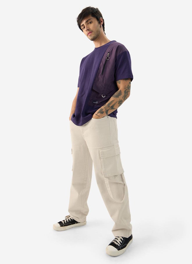 The Souled Store Men Baggy Fit Solid Beige Cargo Jeans - Image 1