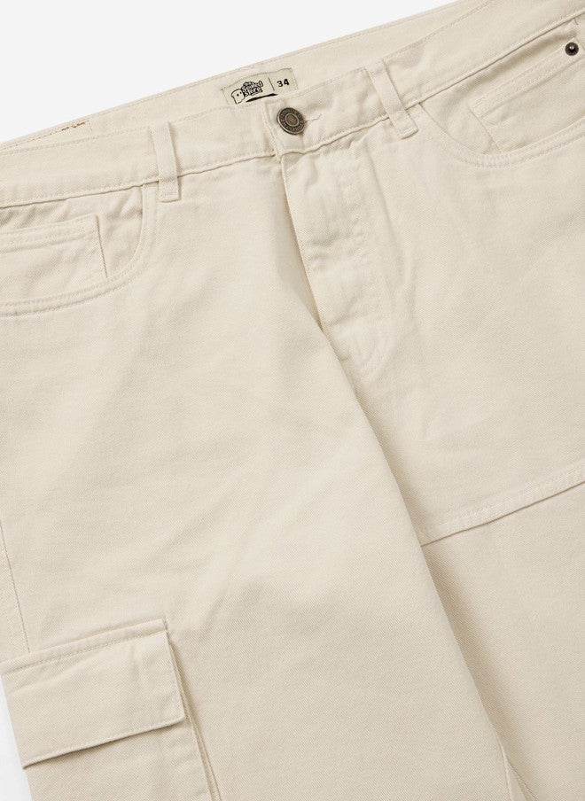 The Souled Store Men Baggy Fit Solid Beige Cargo Jeans - Image 5
