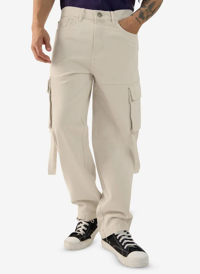 The Souled Store The Souled Store Men Baggy Fit Solid Beige Cargo Jeans